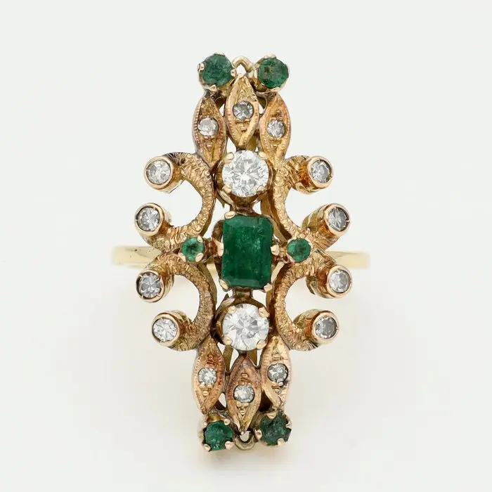 Ring - 18 kt. Yellow gold - Diamond - Emerald