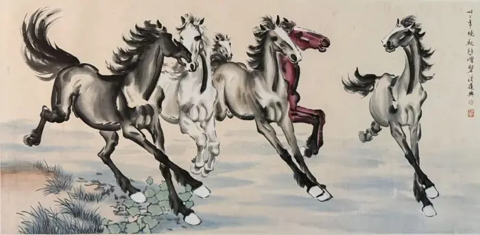INK AND COLOR ON PAPER PAINTING"Landscape"《六骏图》 - Attributed to - China
