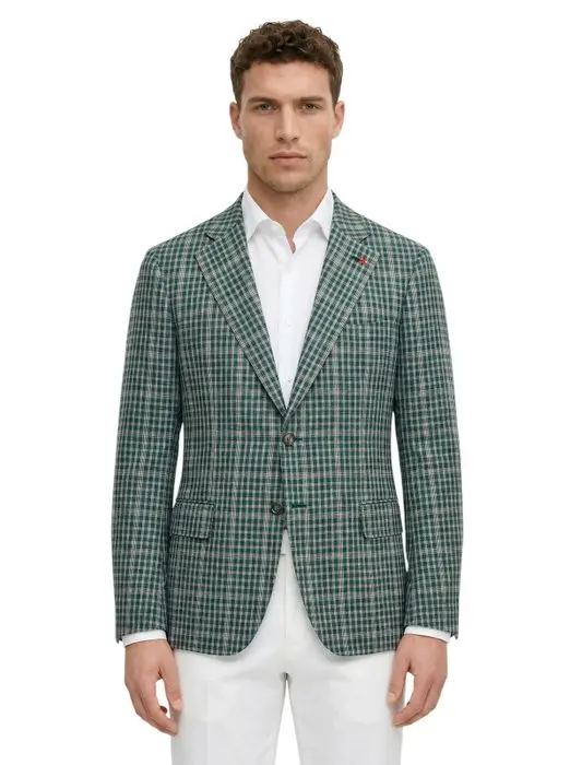 ISAIA NAPOLI - 52 IT - "Capri" Green Checks Sport Coat Fine Wool 8R - Blazer - Nuovo con etichette