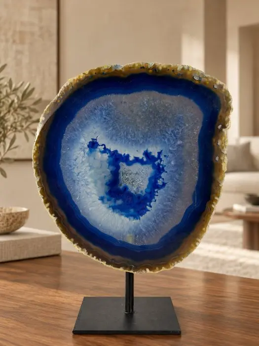 Rare blue Agate - rock crystal geode on stand Geode...