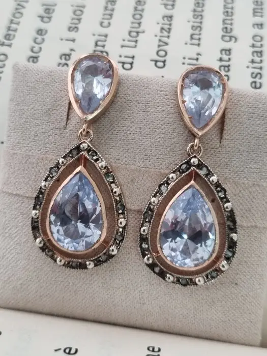 No reserve price - Earrings - 9 kt. Silver, Rose gold Aquamarine - Diamond