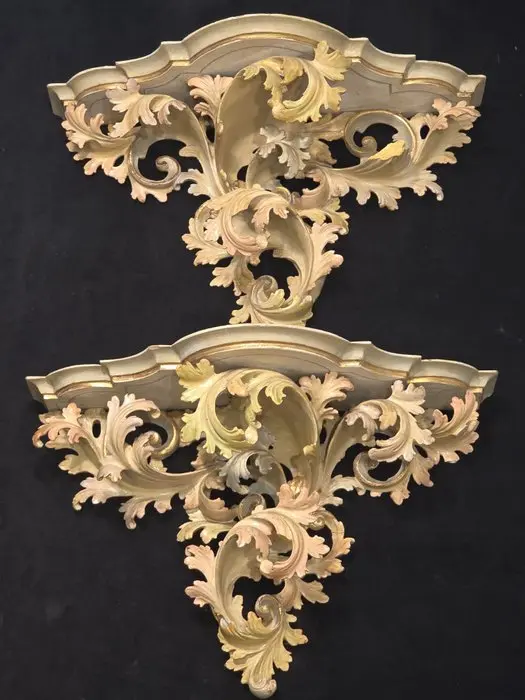 Wall shelf unit (2) - Wood, Polychrome painted - Antique Venetian shelves.