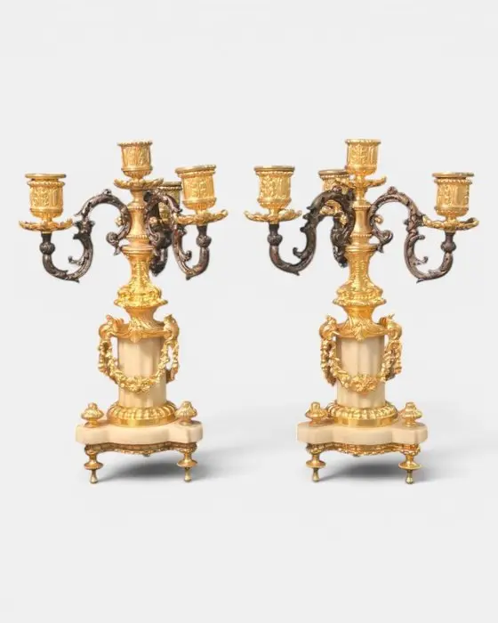 Candelabro (2) - Bronzo dorato, Bronzo patinato, Marmo di Carrara - Candelabri bronzo dorato - Napoleon III