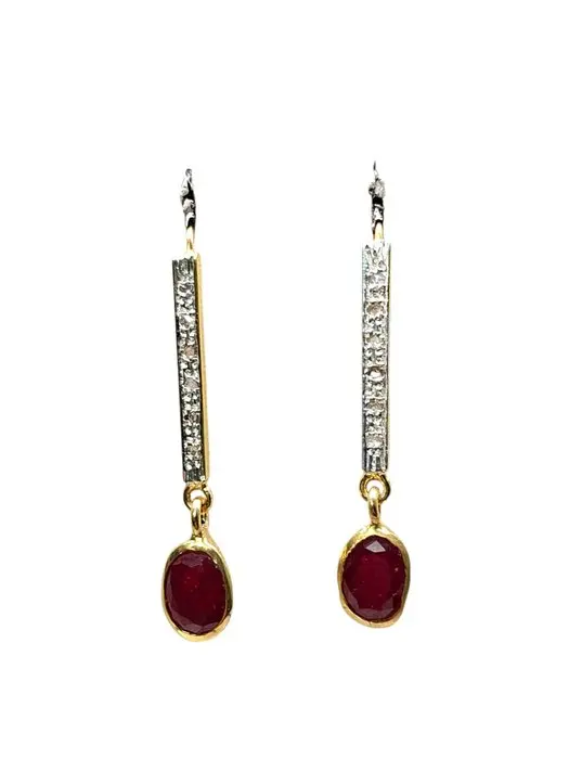 No reserve price - Earrings - 9 kt. Silver, Yellow gold Ruby - Diamond