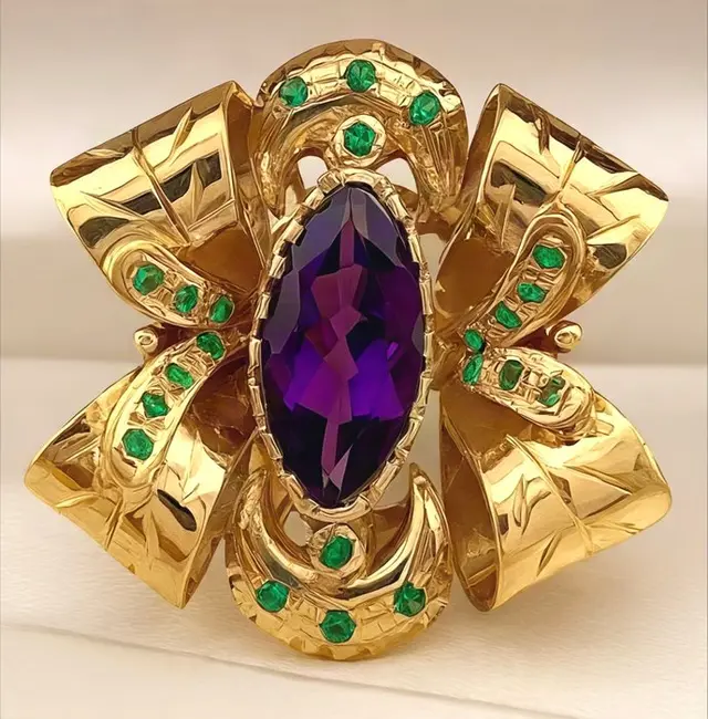 No reserve price - Ring - 9 kt. Yellow gold, Silver Amethyst - Emerald