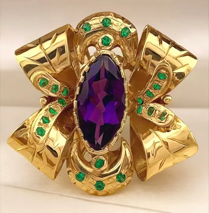 No reserve price - Ring - 9 kt. Yellow gold, Silver Amethyst - Emerald