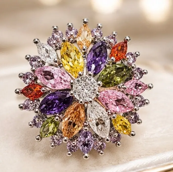 925 Sterling Silver Multicolor Floral Statement Ring - Ring