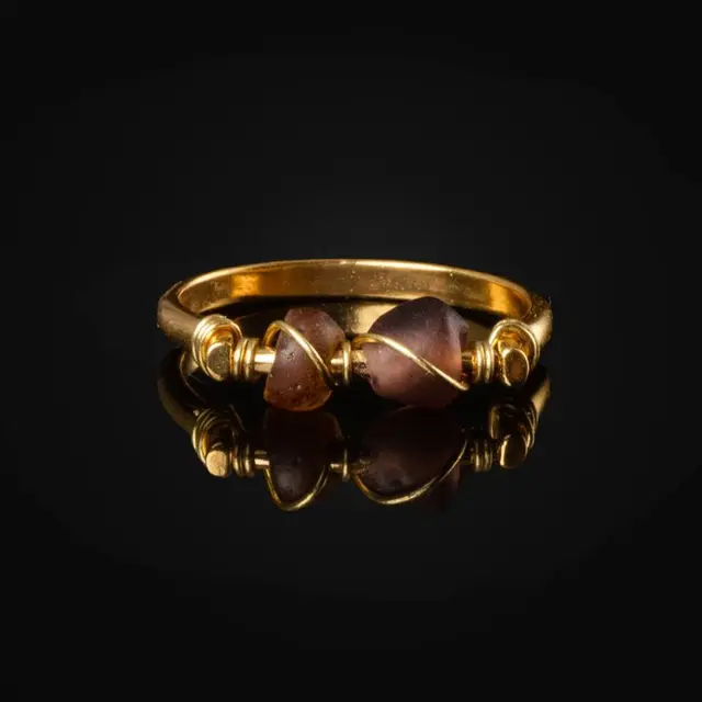 Ancient Roman, Empire Ring with Wire-Wrapped Roman Purple and Amber Glass Beads