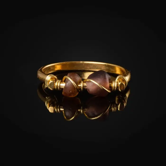 Ancient Roman, Empire Ring with Wire-Wrapped Roman Purple and Amber Glass Beads