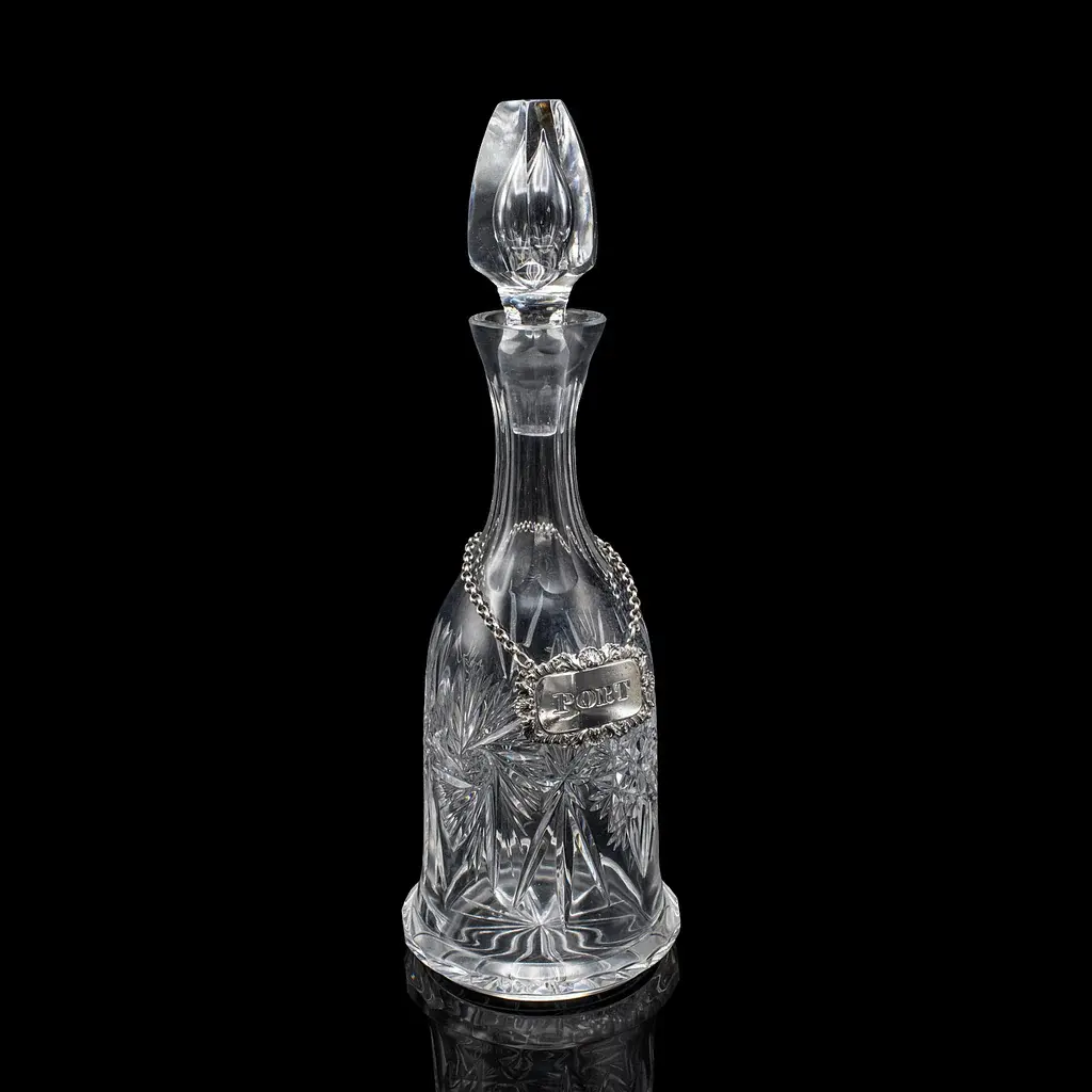 Vintage Port Decanter, English, Glass, Silver Label, Spirit Bottle, Mid Century