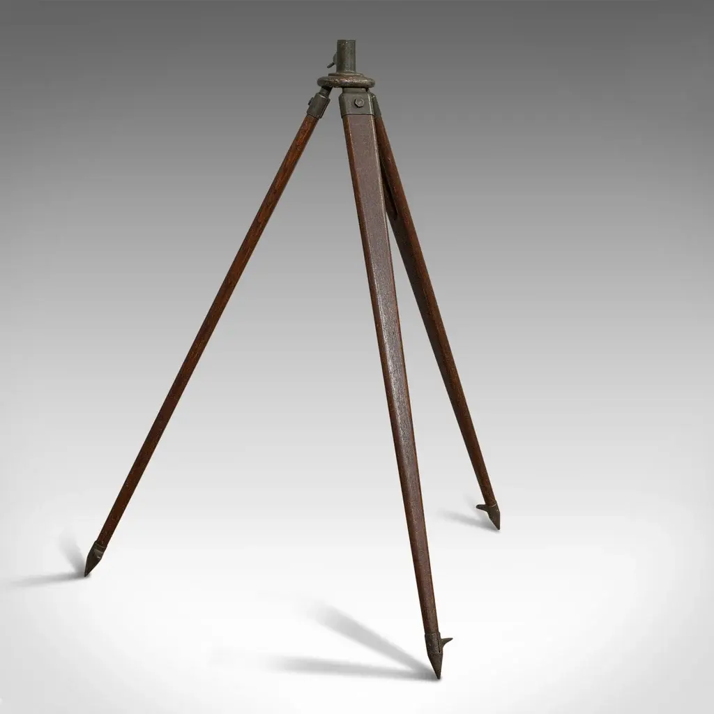 Vintage Telescope Tripod, English, Oak, Bronze, Support Stand, 20th Century