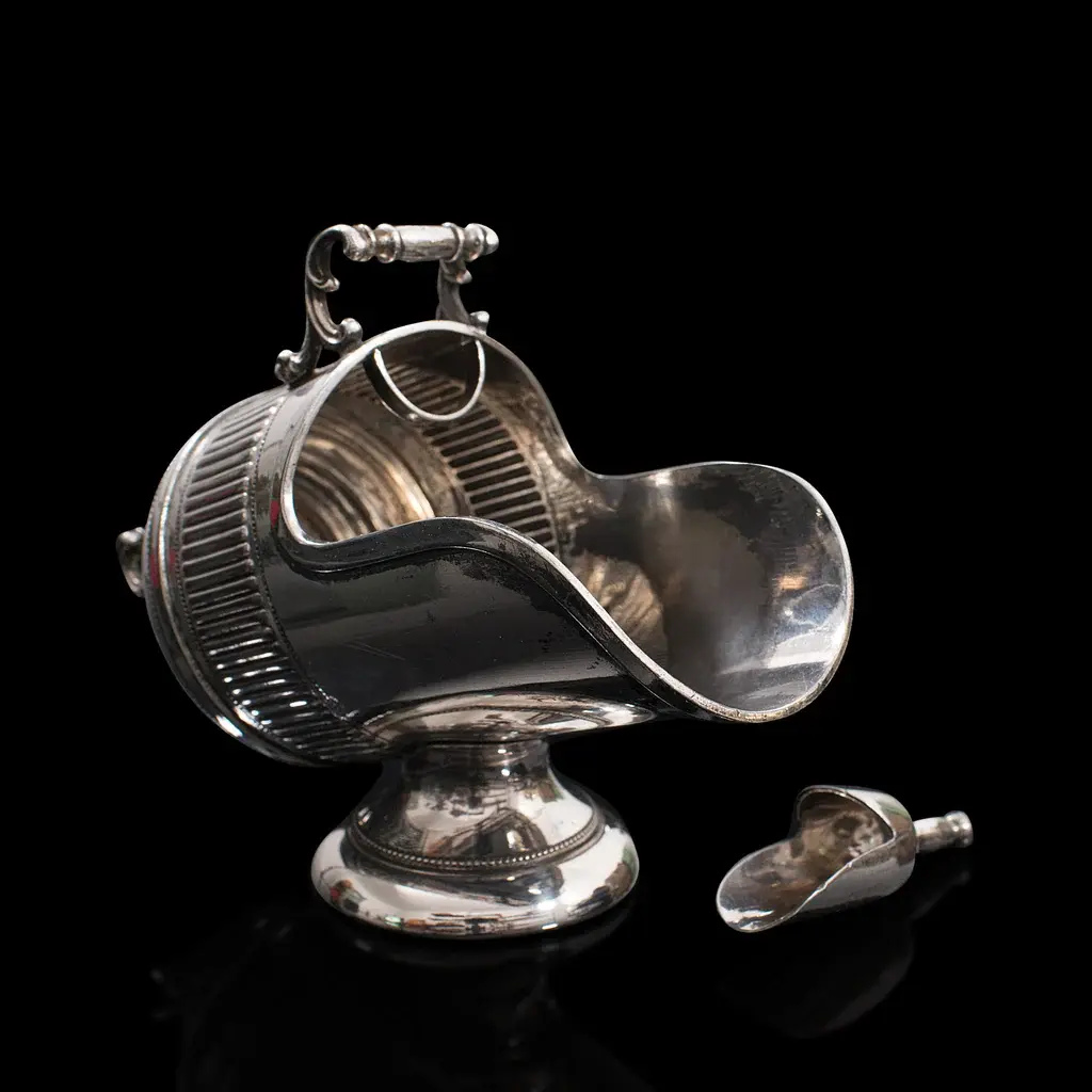 Antique Salt Cellar, English, Silver Plate, Server, Miniature Scuttle