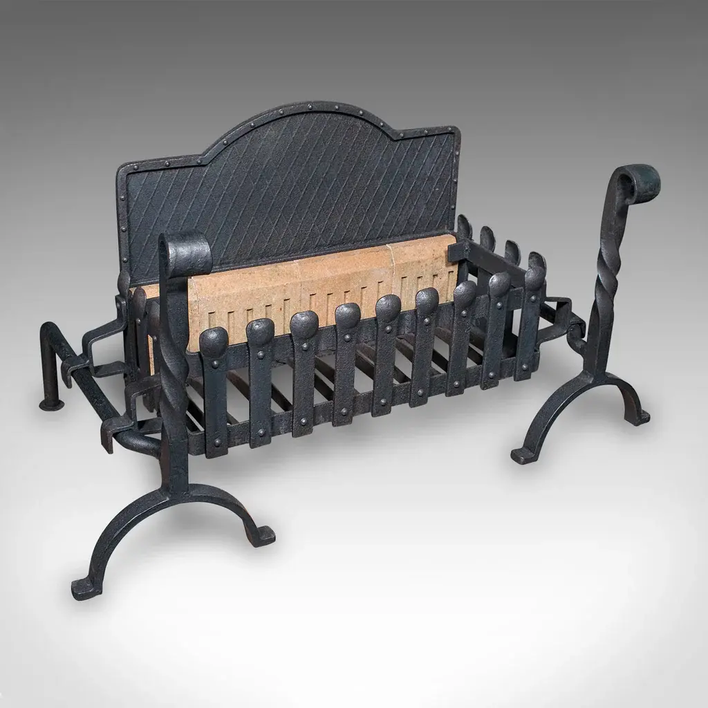 Large Antique Fireplace Set, English, Inglenook Fire Basket, Andirons