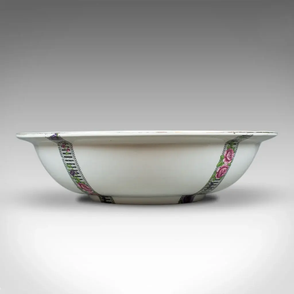 Large Vintage Fruit Bowl, Ceramic Basin, White, Decorative, Floral Bands C20th