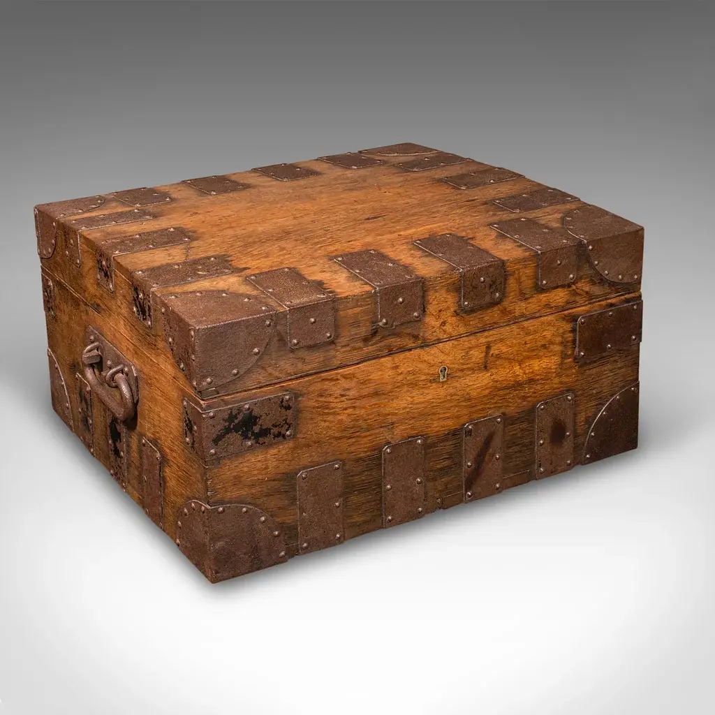 Antique Silver Chest, English Oak, Steel Bound, Steamer Trunk, Victorian