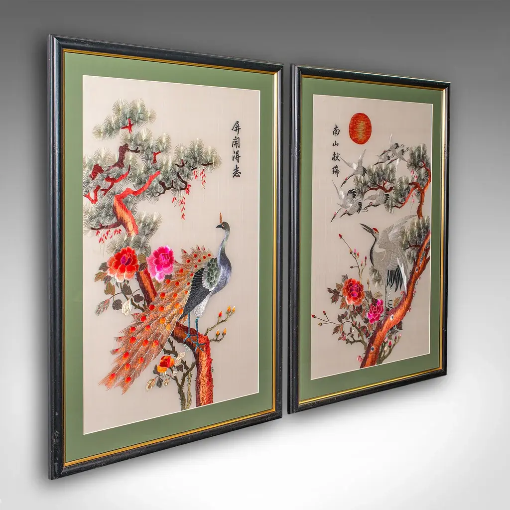 Tall Pair of Vintage Bird Embroideries, Oriental, Framed, Wildlife Art, C.1980