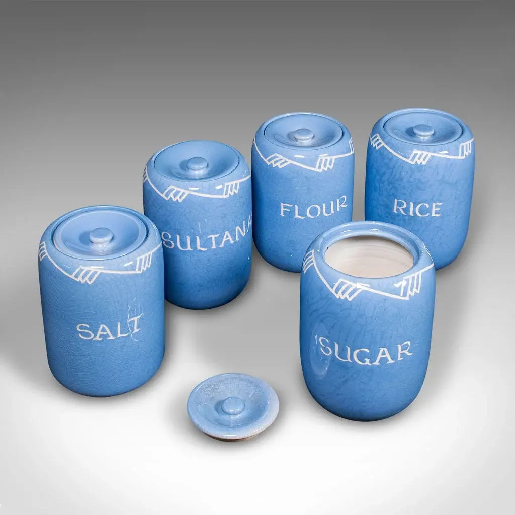 Set Of 5 Vintage Kitchen Canisters, English, Cooking Ingredient Jars