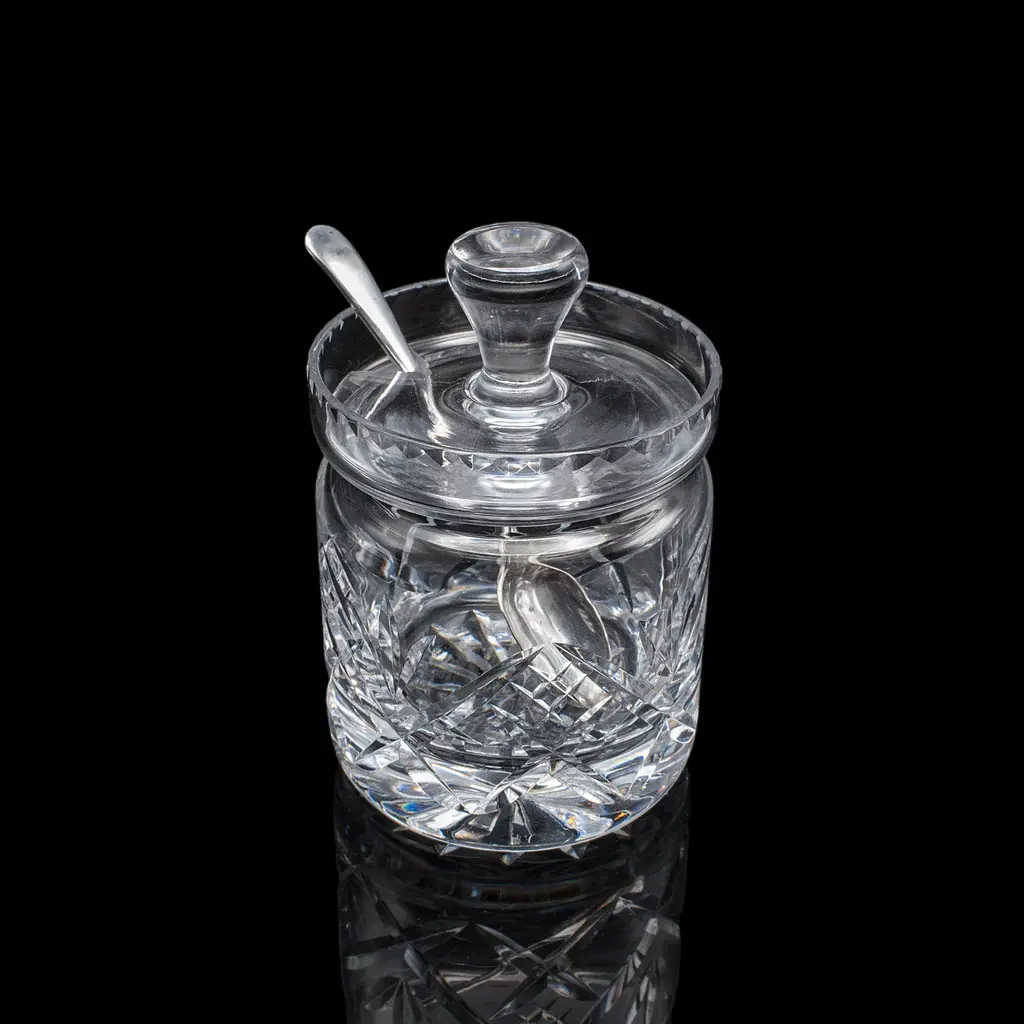 Vintage Jam Jar & Spoon, English Cut Glass Preserve Pot, Condiments