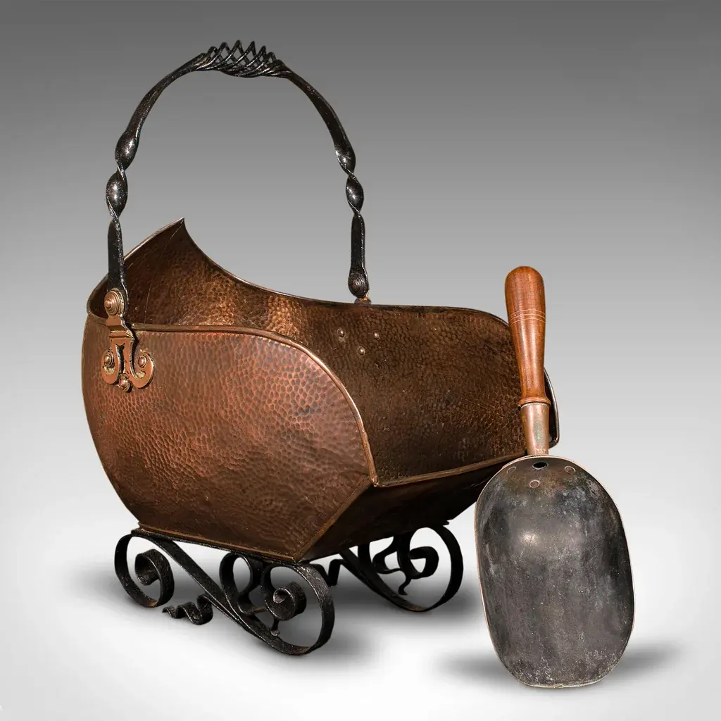 Antique Art Nouveau Coal Scuttle, English Copper, Fireside Log Bucket