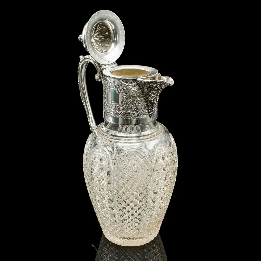Antique Dessert Wine Jug, English, Glass, Silver Plate, Serving Ewer, Victorian
