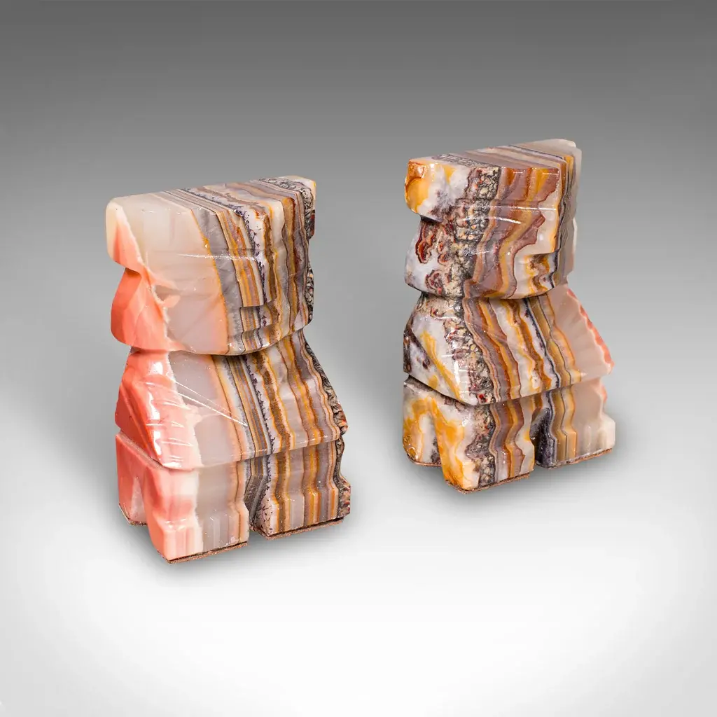 Pair Of Vintage Aztec Figure Bookends, Banded Agate, Book Rest, Art