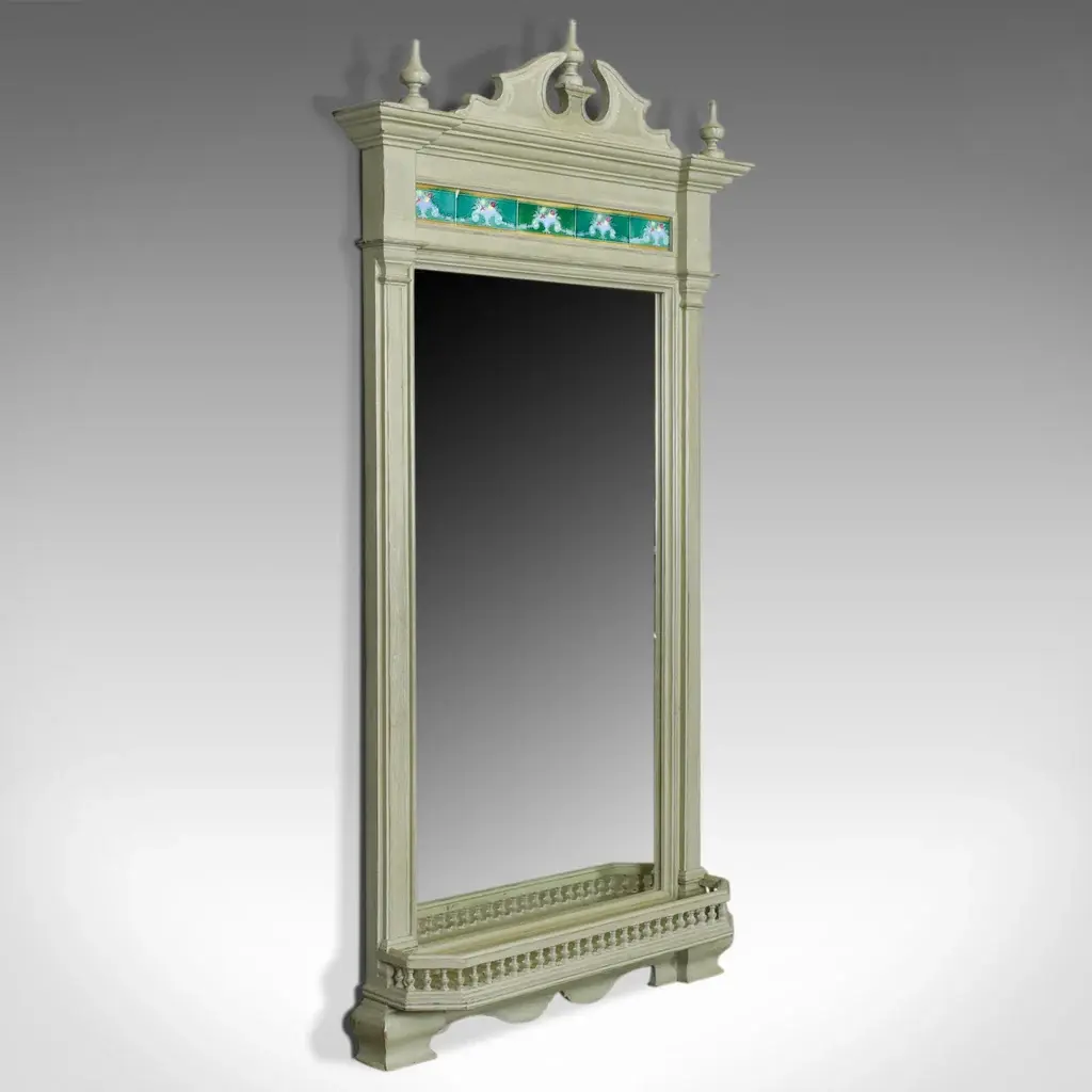 Large, Painted, Antique Wall Mirror, Victorian, Overmantel, Pier, Tiles c.1890