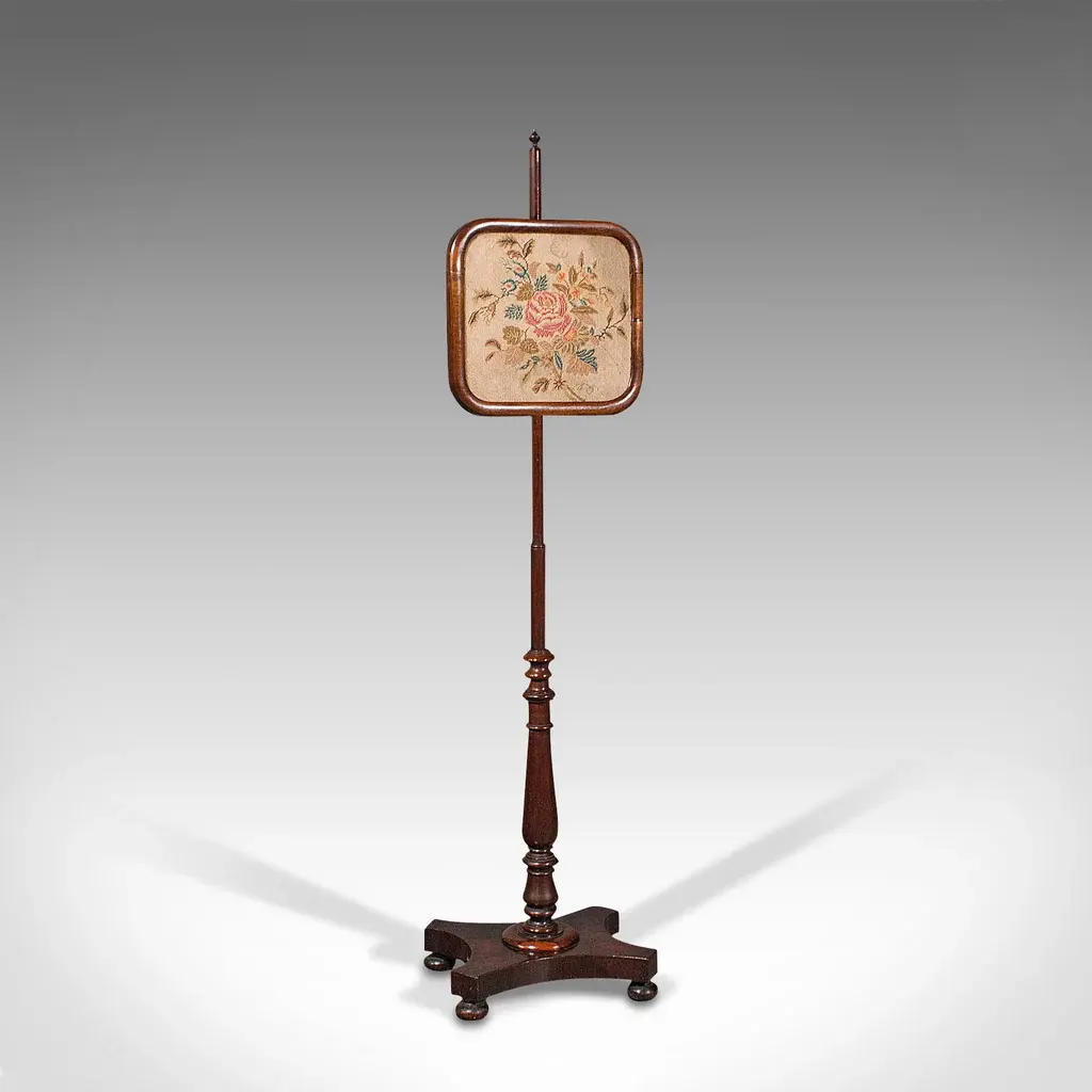 Antique Adjustable Pole Screen, English, Needlepoint, Fire Shield