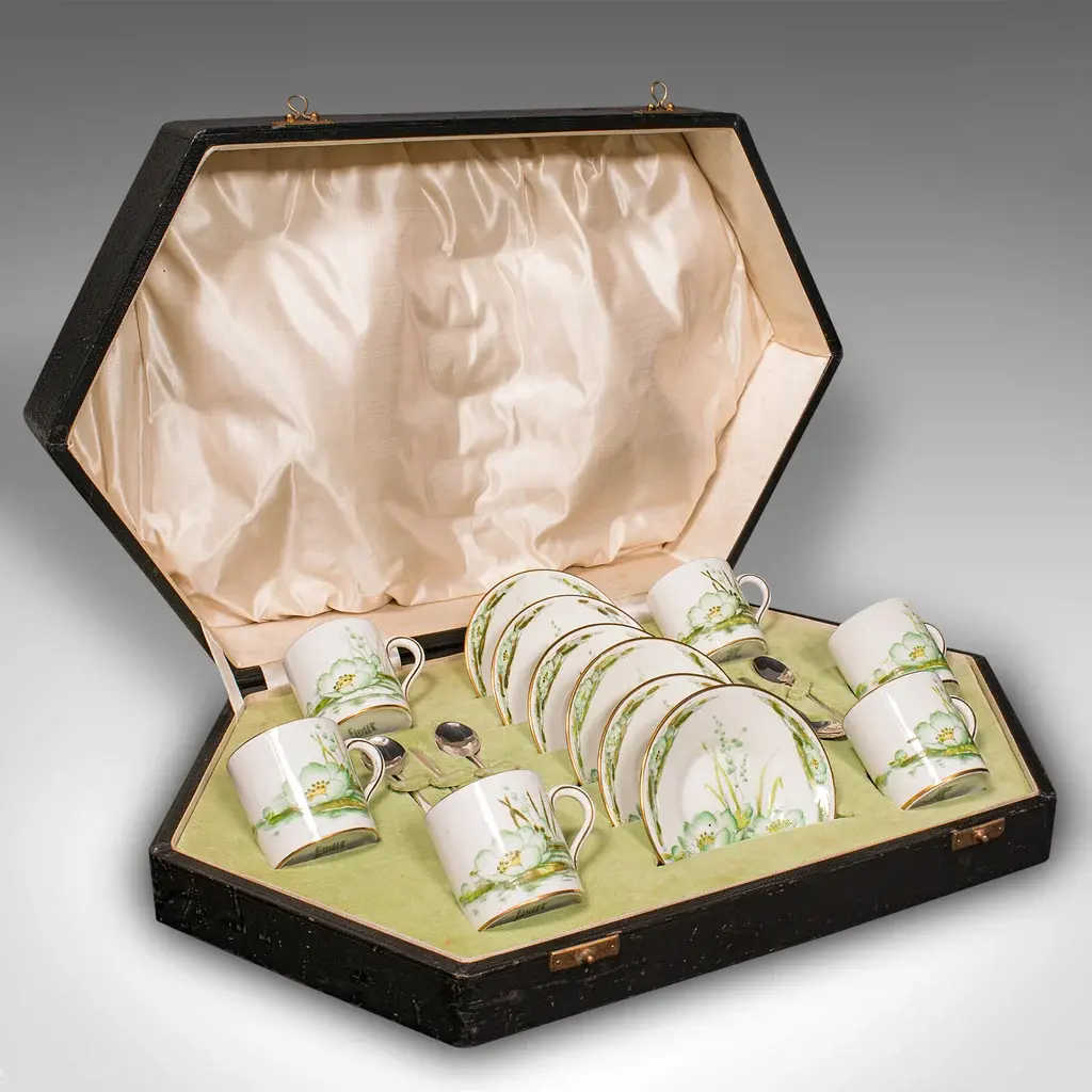 Vintage Cased Tea Set, English Ceramic, Coffee Cans, Silver Spoon