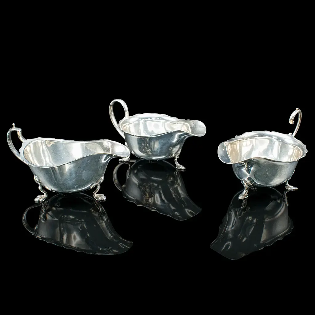 Trio of Antique Sauce Dishes, English, Silver Plated, Condiment Pots, Edwardian