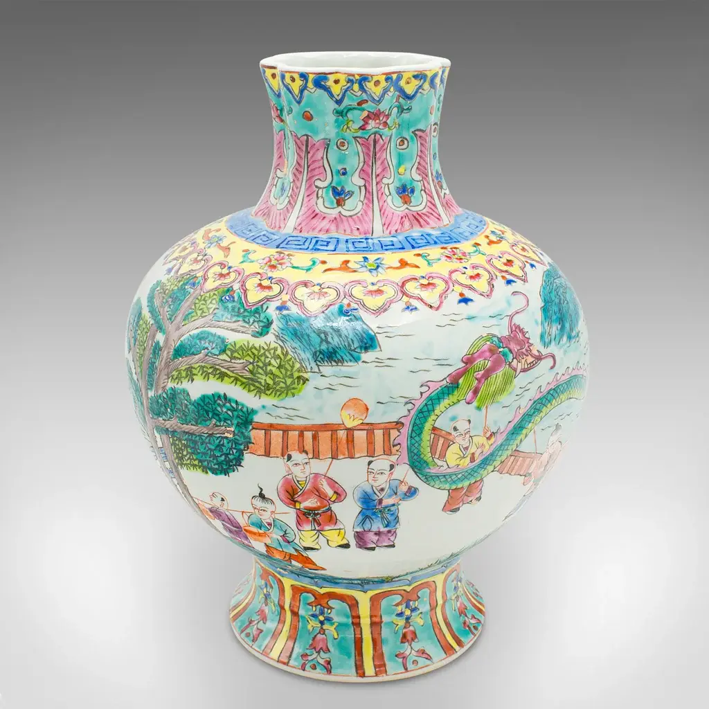 Vintage Oriental Baluster Vase, Chinese Ceramic Flower Urn, Polychrome