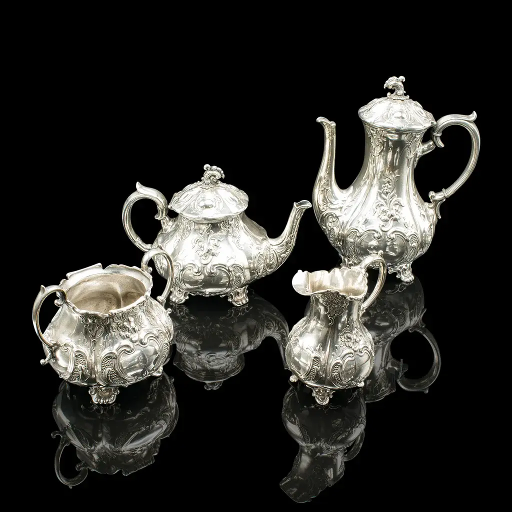 Antique 4 Piece Tea Service, English, Silver Plate, Coffee Pot, Edwardian, 1910