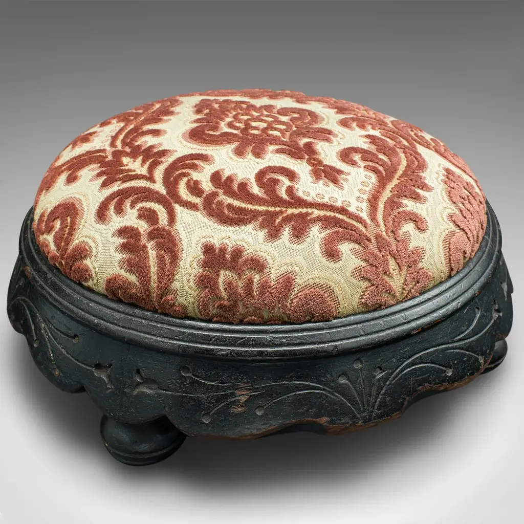 Antique Cushioned Stool, English, Ebonised, Footstool, Art Nouveau, Victorian