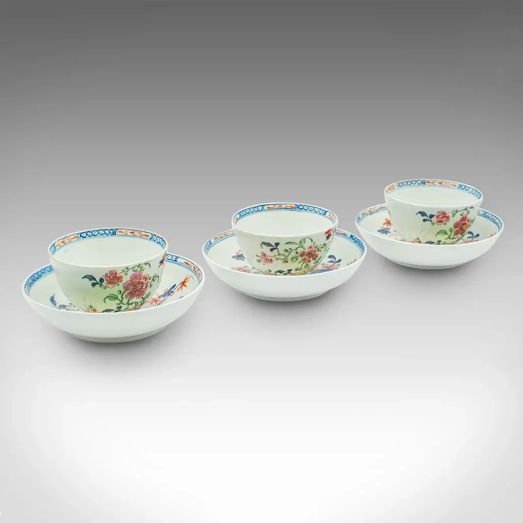 Antique Trio Of Small Oriental Teacups, Chinese Ceramic, Famille Rose