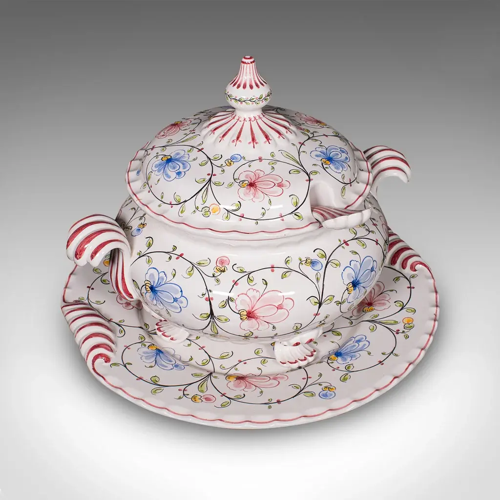 Vintage Soup Tureen Service, Portuguese, Ceramic Serving Set, Table Centrepiece