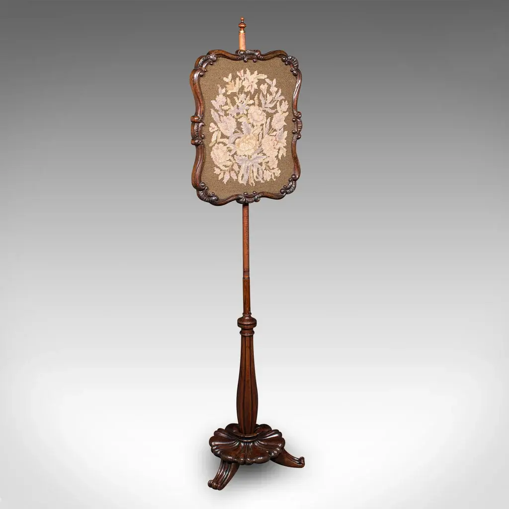 Antique Fireside Pole Screen, English, Needlepoint, Adjustable, William