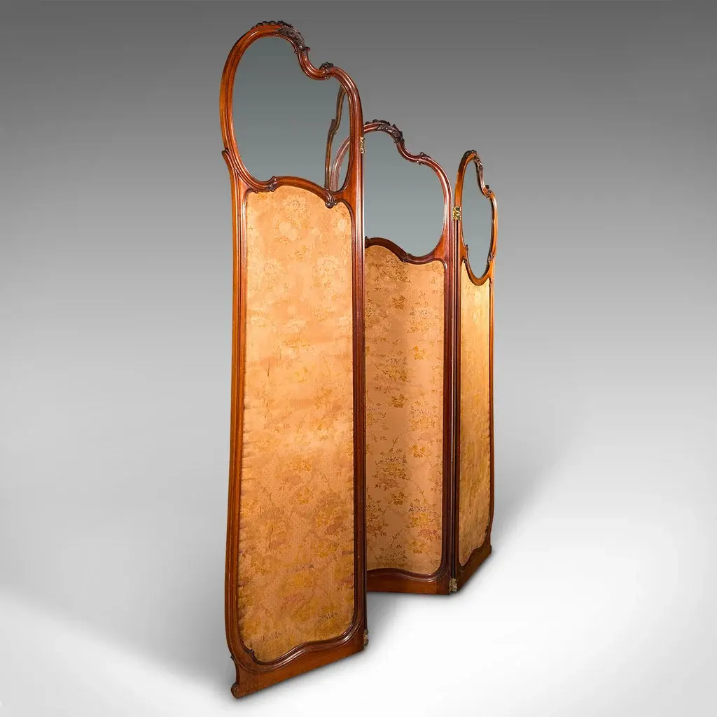 6' 6'' Tall Antique Privacy Screen, French Walnut, Glass, Art Nouveau