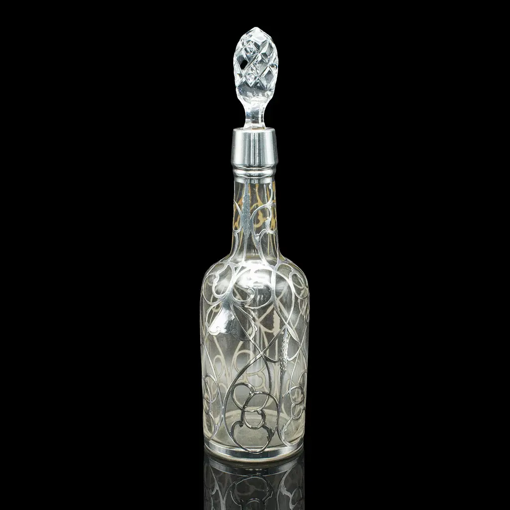 Antique Sherry Decanter, English, Glass, Silver Plate, Spirit Bottle, Edwardian