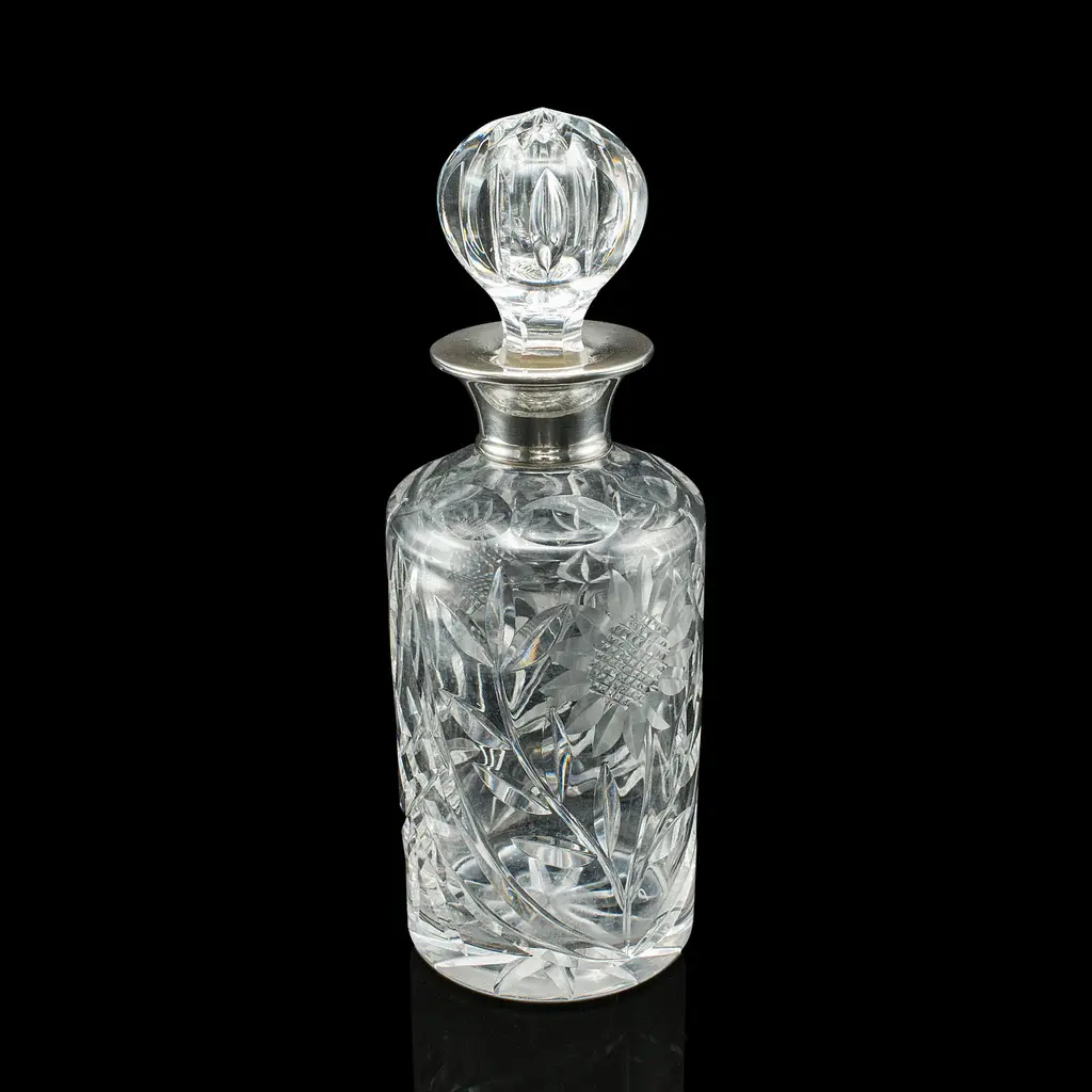 Vintage Scotch Decanter, English, Cut Glass, Silver, Whiskey, Hallmarked, 1965