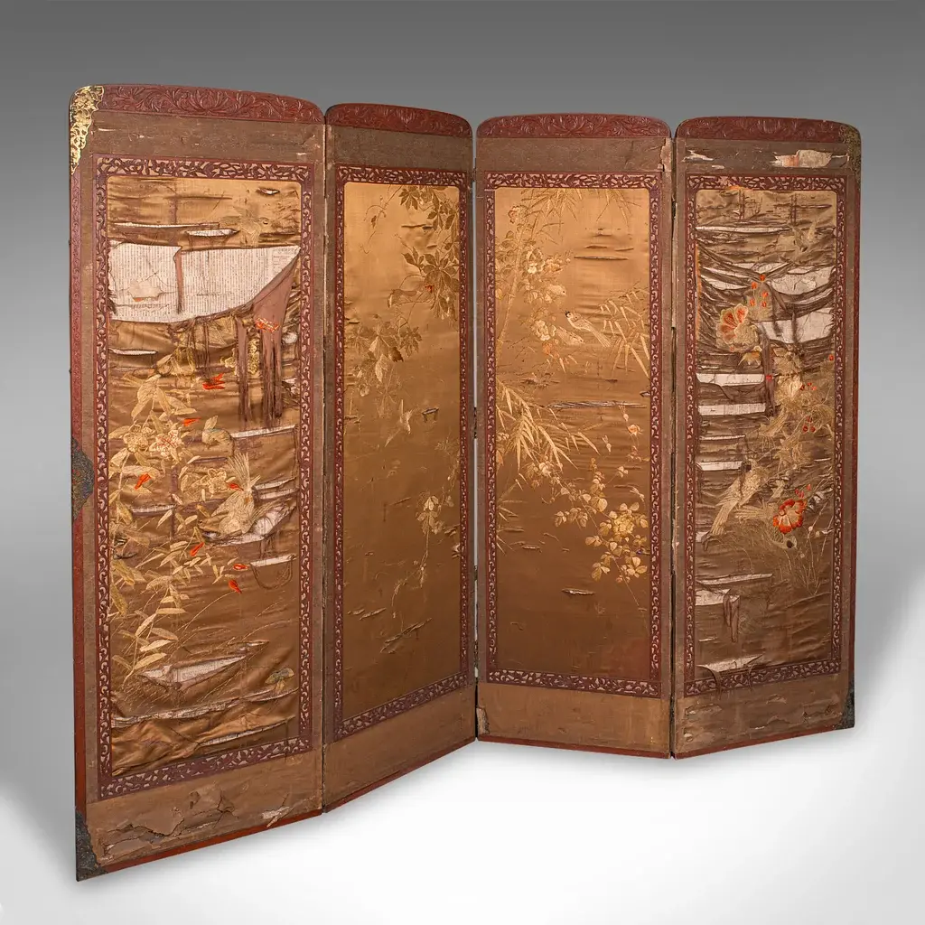 Antique Photographic Prop Screen, Japanese, Silk Cotton, Room Divider