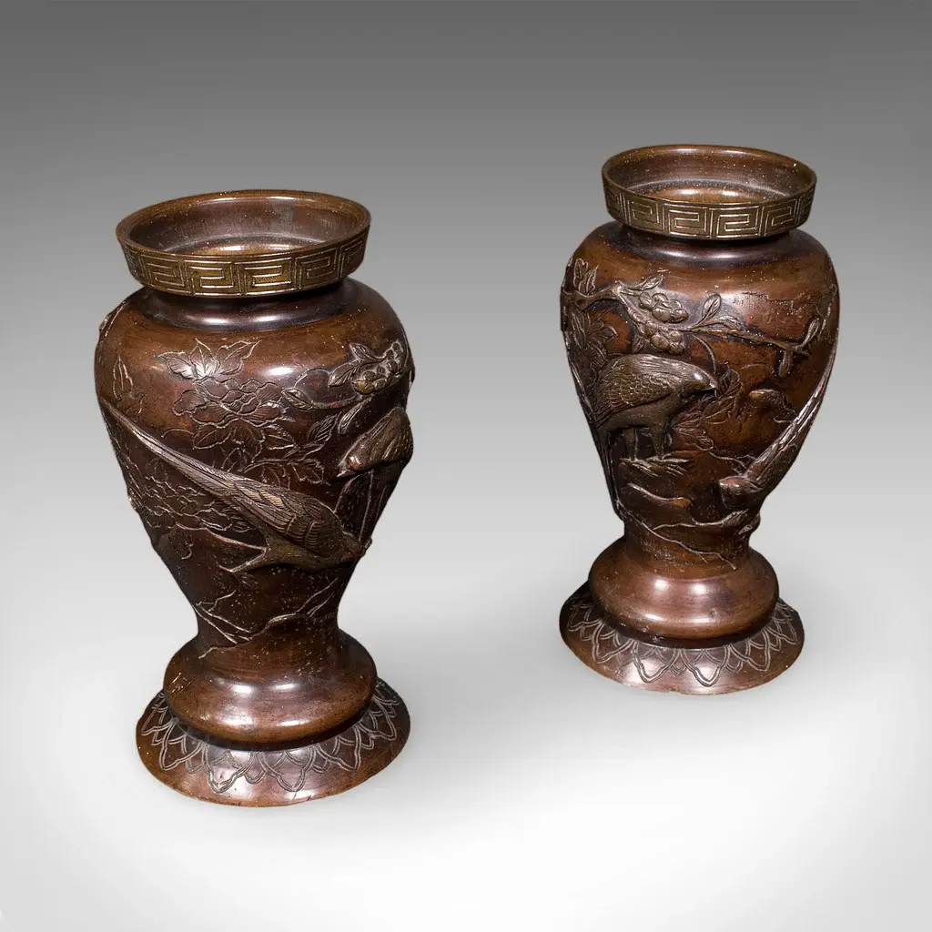 Pair of Antique Decorative Meiji Vases, Japanese, Bronze, Bouquet