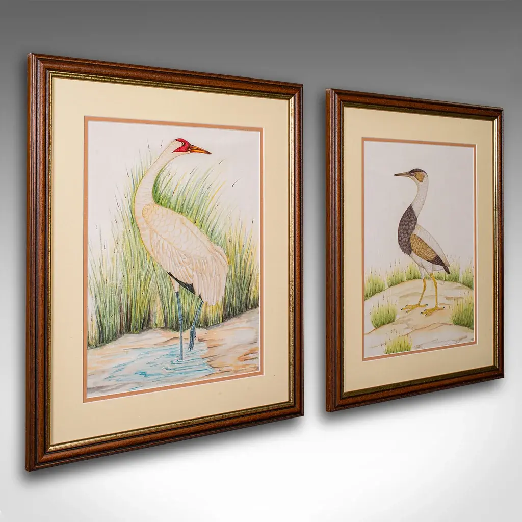 Pair Of Antique Bird Paintings, English, Framed Silk Art, Ornithology