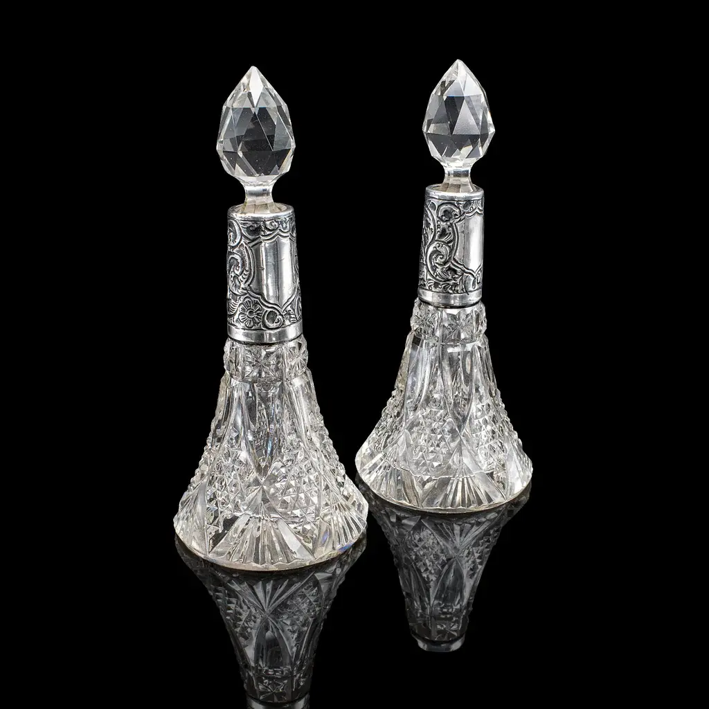 Pair of Small Antique Scent Bottles, English, Perfume Decanter, Silver Collar