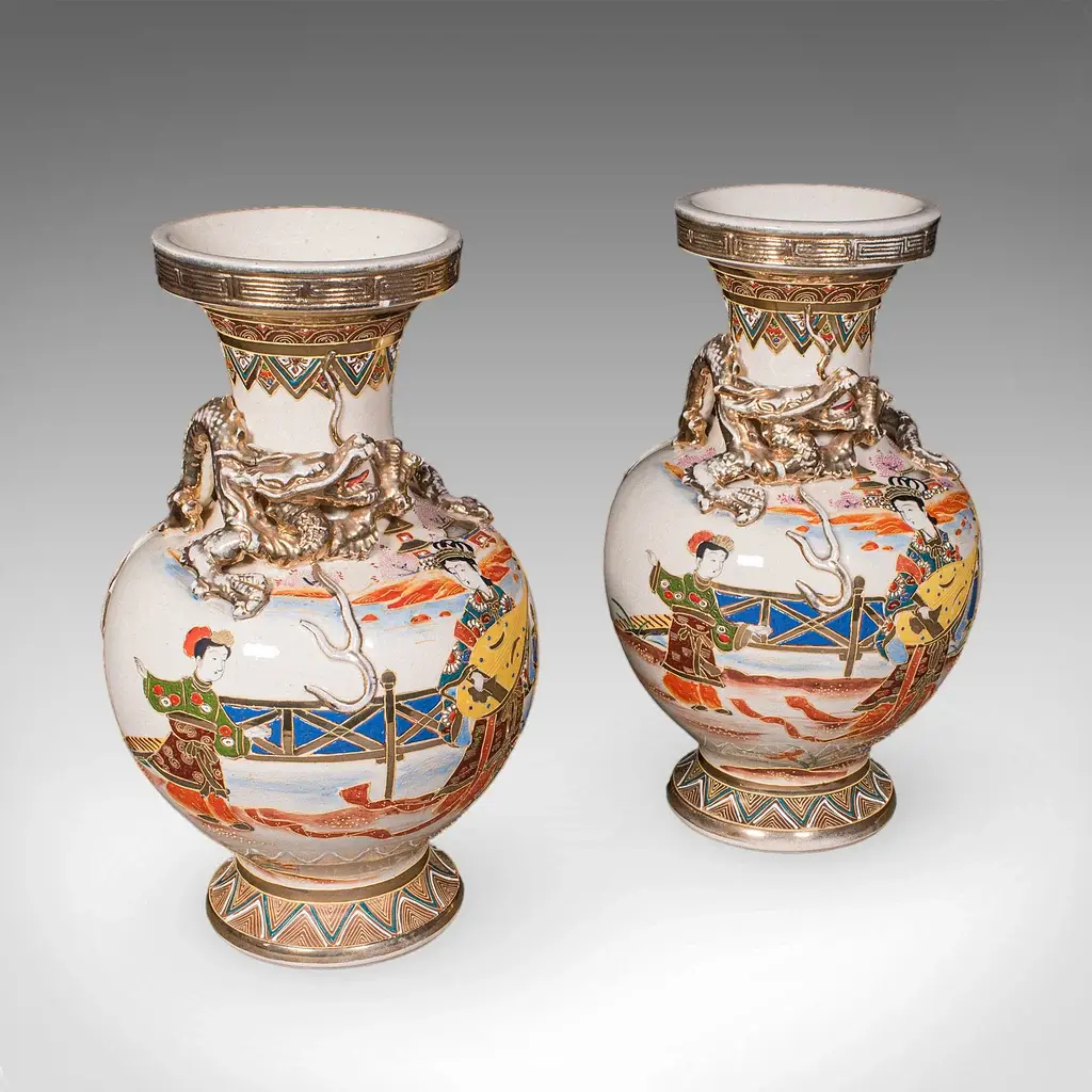 Pair of Antique Satsuma Vases, Japanese, Ceramic Baluster, Meiji
