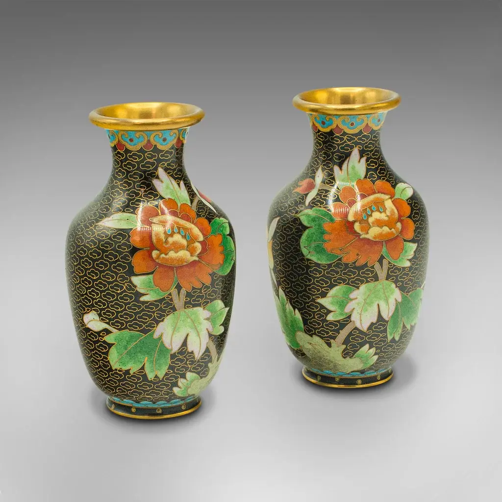 Pair Of Small Vintage Cloisonne Posy Vases, Japanese, Ceramic, Flower, Art Deco