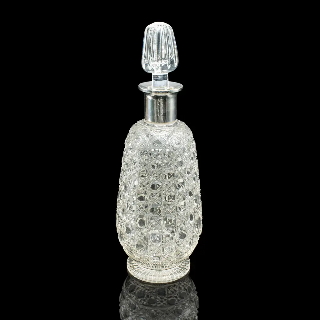 Antique Spirit Decanter, Edwardian, Cut Glass, Hallmarked Silver, English, 1903