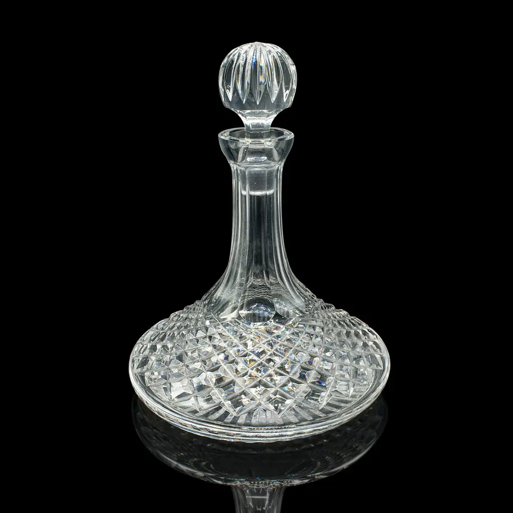 Vintage Ship’s Decanter, English, Crystal Glass Wine Vessel, Mid Century