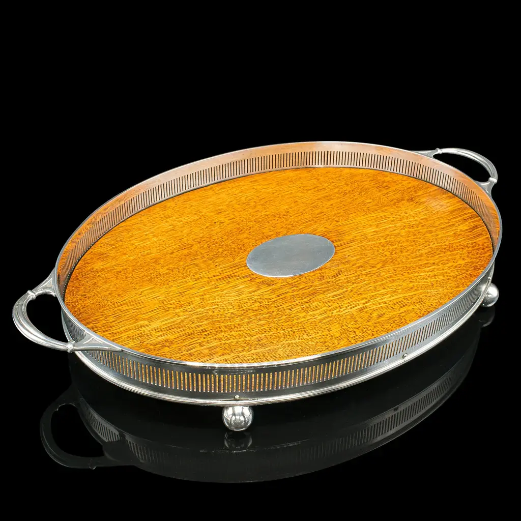 Large Antique Oval Serving Tray, English, Oak, Silver Plate, Edwardian, C.1910