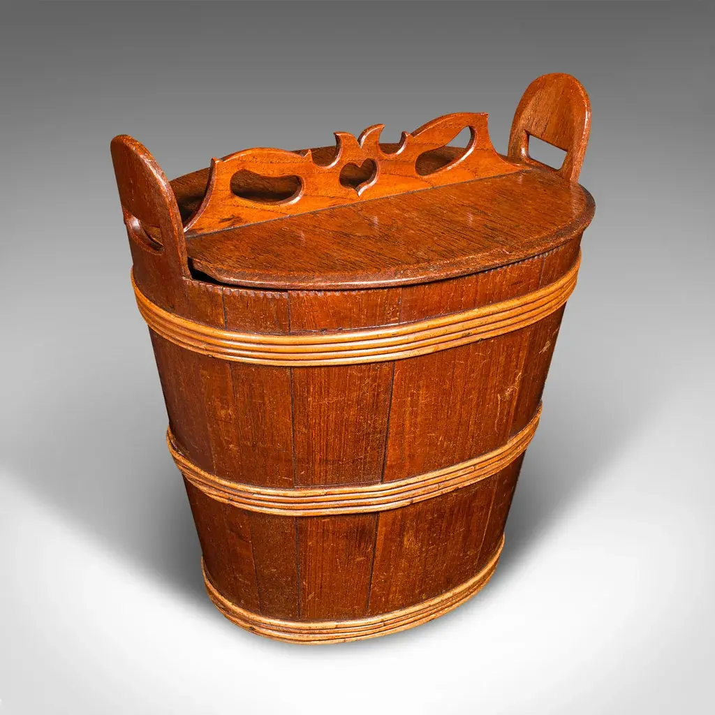 Antique Lidded Waste Bin, Georgian, Dutch, Oak, Fruitwood, Fireside