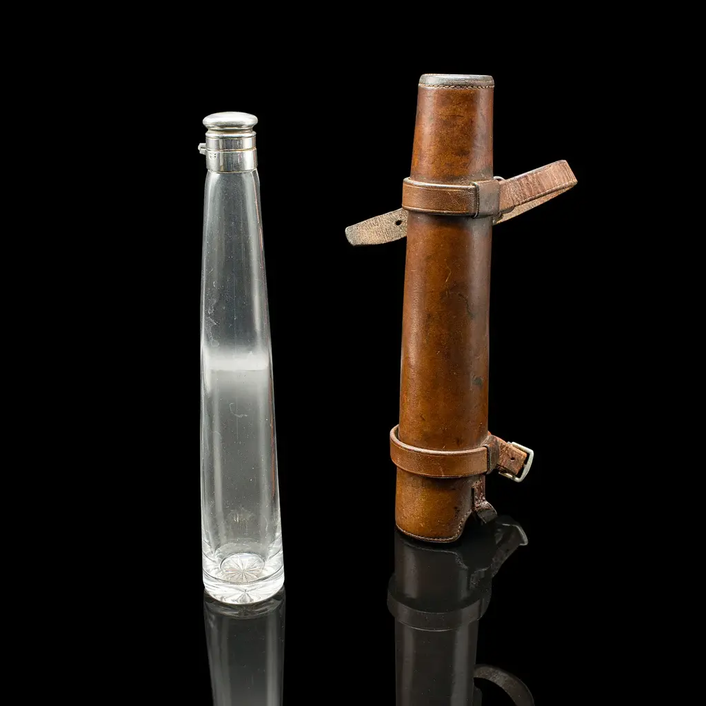 Antique Explorer's Saddle Flask, English, Glass Bottle, Leather Case, Edwardian