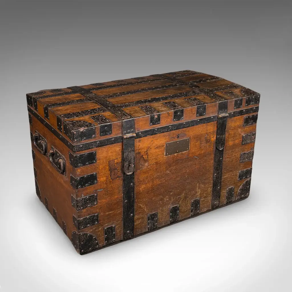 Large Antique Silver Chest, English, Oak, Iron Bound, Shipping Trunk, Victorian